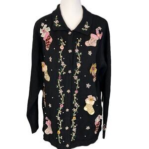 Vintage Christmas Sweater 3D Size Large Stockings Bows Grandma Ugly Beaded